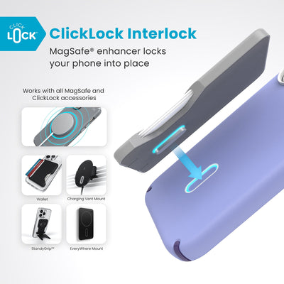 A ClickLock Wallet accessory hovers over the back of the phone case with interlock bolt extended and arrow pointing to bolt receptacle in case. Text reads ClickLock interlock: MagSafe enhancer locks your phone into place. Works with all MagSafe and ClickLock accessories#color_future-lavender-cassis-purple