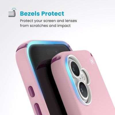 Raised bezels around phone screen and camera are highlighted. Text reads Bezels Protect: Protect your screen and lenses from scratches and impact#color_wednesday-pink-boysenberry-purple