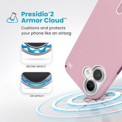 A corner of the case impacts the ground - a diagram shows interior cushion of phone before impact and on impact. Text reads Presidio2 Armor Cloud: Cushions and protects your phone like an airbag#color_wednesday-pink-boysenberry-purple