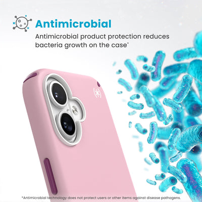 Bacteria is shown around phone case but not on it. Text reads Antimicrobial: Antimicrobial product protection reduces bacteria growth on the case (Antimicrobial technology does not protect users or other items against disease pathogens)#color_wednesday-pink-boysenberry-purple