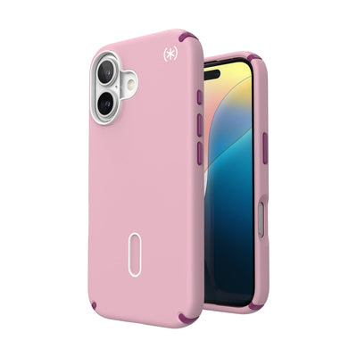 Three-quarter view of back of phone case with phone inside shown over top of front view of phone case with phone inside#color_wednesday-pink-boysenberry-purple