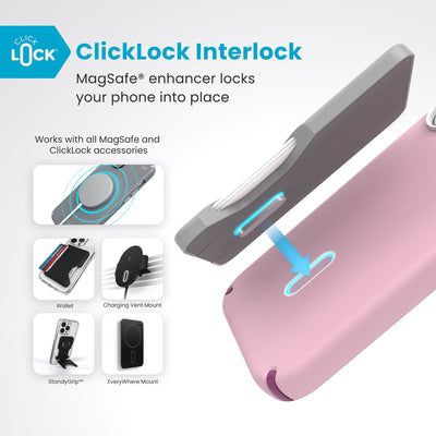 A ClickLock Wallet accessory hovers over the back of the phone case with interlock bolt extended and arrow pointing to bolt receptacle in case. Text reads ClickLock interlock: MagSafe enhancer locks your phone into place. Works with all MagSafe and ClickLock accessories#color_wednesday-pink-boysenberry-purple