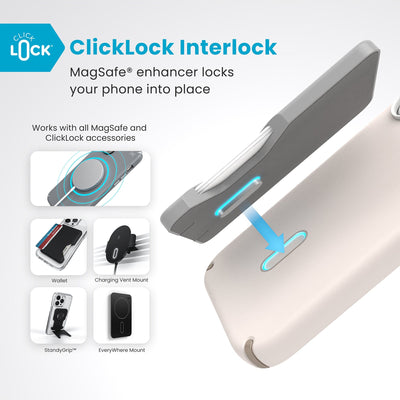 A ClickLock Wallet accessory hovers over the back of the phone case with interlock bolt extended and arrow pointing to bolt receptacle in case. Text reads ClickLock interlock: MagSafe enhancer locks your phone into place. Works with all MagSafe and ClickLock accessories#color_bleached-bone-heirloom-gold