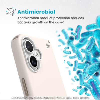 Bacteria is shown around phone case but not on it. Text reads Antimicrobial: Antimicrobial product protection reduces bacteria growth on the case (Antimicrobial technology does not protect users or other items against disease pathogens)#color_bleached-bone-heirloom-gold