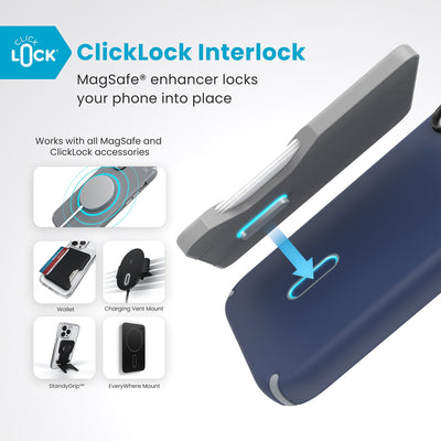 A ClickLock Wallet accessory hovers over the back of the phone case with interlock bolt extended and arrow pointing to bolt receptacle in case. Text reads ClickLock interlock: MagSafe enhancer locks your phone into place. Works with all MagSafe and ClickLock accessories#color_coastal-blue-dust-grey