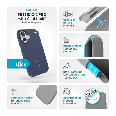 Various close-ups of case are shown. Text reads Speck Presidio2 Grip MagSafe with ClickLock: Built for MagSafe, no-slip grips for a better hold, ClickLock no-slip interlock, bezels protect screen and camera, drop protection with Armor Cloud Technology, antimicrobial product protection#color_coastal-blue-dust-grey