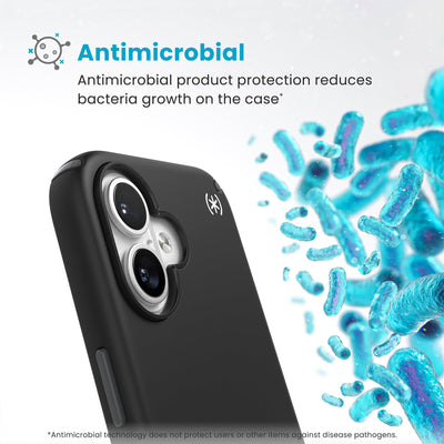 Bacteria is shown around phone case but not on it. Text reads Antimicrobial: Antimicrobial product protection reduces bacteria growth on the case (Antimicrobial technology does not protect users or other items against disease pathogens)#color_black-slate-grey