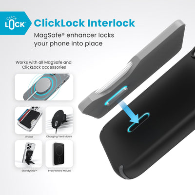 A ClickLock Wallet accessory hovers over the back of the phone case with interlock bolt extended and arrow pointing to bolt receptacle in case. Text reads ClickLock interlock: MagSafe enhancer locks your phone into place. Works with all MagSafe and ClickLock accessories#color_black-slate-grey