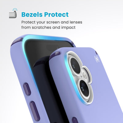 Raised bezels around phone screen and camera are highlighted. Text reads Bezels Protect: Protect your screen and lenses from scratches and impact#color_future-lavender-cassis-purple