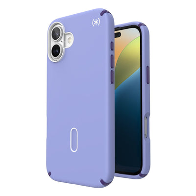 Three-quarter view of back of phone case with phone inside shown over top of front view of phone case with phone inside#color_future-lavender-cassis-purple