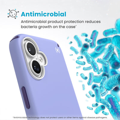 Bacteria is shown around phone case but not on it. Text reads Antimicrobial: Antimicrobial product protection reduces bacteria growth on the case (Antimicrobial technology does not protect users or other items against disease pathogens)#color_future-lavender-cassis-purple