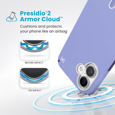 A corner of the case impacts the ground - a diagram shows interior cushion of phone before impact and on impact. Text reads Presidio2 Armor Cloud: Cushions and protects your phone like an airbag#color_future-lavender-cassis-purple