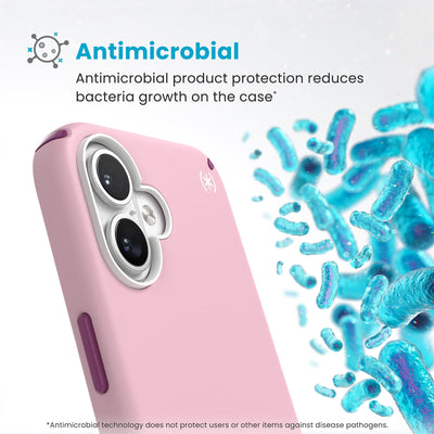 Bacteria is shown around phone case but not on it. Text reads Antimicrobial: Antimicrobial product protection reduces bacteria growth on the case (Antimicrobial technology does not protect users or other items against disease pathogens)#color_wednesday-pink-boysenberry-purple