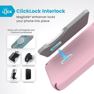 A ClickLock Wallet accessory hovers over the back of the phone case with interlock bolt extended and arrow pointing to bolt receptacle in case. Text reads ClickLock interlock: MagSafe enhancer locks your phone into place. Works with all MagSafe and ClickLock accessories#color_wednesday-pink-boysenberry-purple