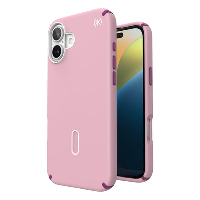 Three-quarter view of back of phone case with phone inside shown over top of front view of phone case with phone inside#color_wednesday-pink-boysenberry-purple