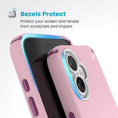 Raised bezels around phone screen and camera are highlighted. Text reads Bezels Protect: Protect your screen and lenses from scratches and impact#color_wednesday-pink-boysenberry-purple