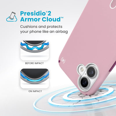 A corner of the case impacts the ground - a diagram shows interior cushion of phone before impact and on impact. Text reads Presidio2 Armor Cloud: Cushions and protects your phone like an airbag#color_wednesday-pink-boysenberry-purple