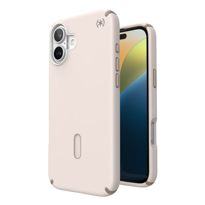 Three-quarter view of back of phone case with phone inside shown over top of front view of phone case with phone inside#color_bleached-bone-heirloom-gold