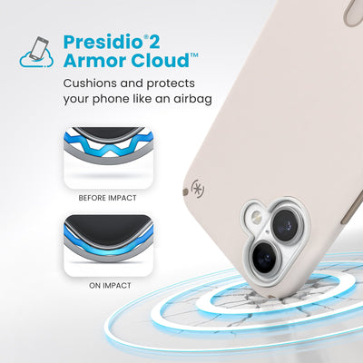 A corner of the case impacts the ground - a diagram shows interior cushion of phone before impact and on impact. Text reads Presidio2 Armor Cloud: Cushions and protects your phone like an airbag#color_bleached-bone-heirloom-gold