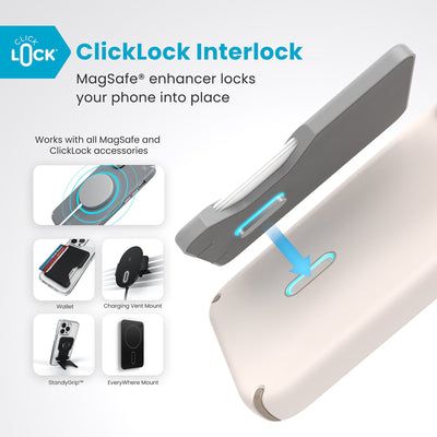 A ClickLock Wallet accessory hovers over the back of the phone case with interlock bolt extended and arrow pointing to bolt receptacle in case. Text reads ClickLock interlock: MagSafe enhancer locks your phone into place. Works with all MagSafe and ClickLock accessories#color_bleached-bone-heirloom-gold