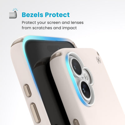 Raised bezels around phone screen and camera are highlighted. Text reads Bezels Protect: Protect your screen and lenses from scratches and impact#color_bleached-bone-heirloom-gold