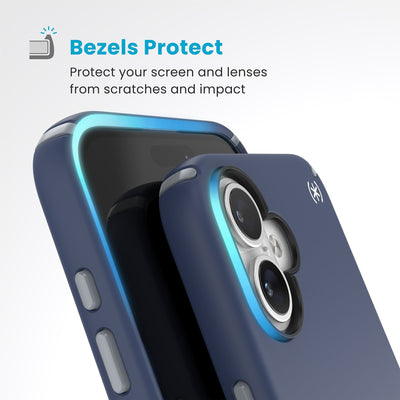 Raised bezels around phone screen and camera are highlighted. Text reads Bezels Protect: Protect your screen and lenses from scratches and impact#color_coastal-blue-dust-grey