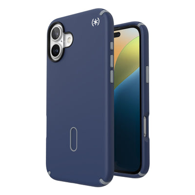 Three-quarter view of back of phone case with phone inside shown over top of front view of phone case with phone inside#color_coastal-blue-dust-grey