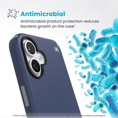 Bacteria is shown around phone case but not on it. Text reads Antimicrobial: Antimicrobial product protection reduces bacteria growth on the case (Antimicrobial technology does not protect users or other items against disease pathogens)#color_coastal-blue-dust-grey