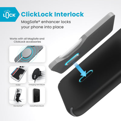 A ClickLock Wallet accessory hovers over the back of the phone case with interlock bolt extended and arrow pointing to bolt receptacle in case. Text reads ClickLock interlock: MagSafe enhancer locks your phone into place. Works with all MagSafe and ClickLock accessories#color_black-slate-grey