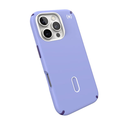 Tilted slight perspective view of back of phone case with phone inside#color_future-lavender-cassis-purple