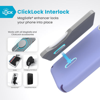 A ClickLock Wallet accessory hovers over the back of the phone case with interlock bolt extended and arrow pointing to bolt receptacle in case. Text reads ClickLock interlock: MagSafe enhancer locks your phone into place. Works with all MagSafe and ClickLock accessories#color_future-lavender-cassis-purple