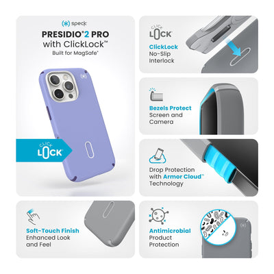 Various close-ups of case are shown. Text reads Speck Presidio2 Pro MagSafe with ClickLock: Built for MagSafe, soft-touch finish - enhanced look and feel, ClickLock no-slip interlock, bezels protect screen and camera, drop protection with Armor Cloud Technology, antimicrobial product protection#color_future-lavender-cassis-purple