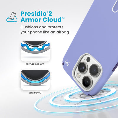 A corner of the case impacts the ground - a diagram shows interior cushion of phone before impact and on impact. Text reads Presidio2 Armor Cloud: Cushions and protects your phone like an airbag#color_future-lavender-cassis-purple