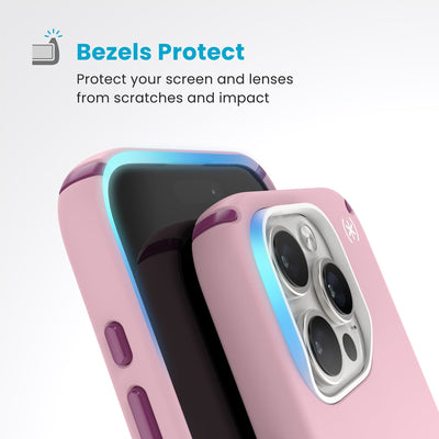 Raised bezels around phone screen and camera are highlighted. Text reads Bezels Protect: Protect your screen and lenses from scratches and impact#color_wednesday-pink-boysenberry-purple