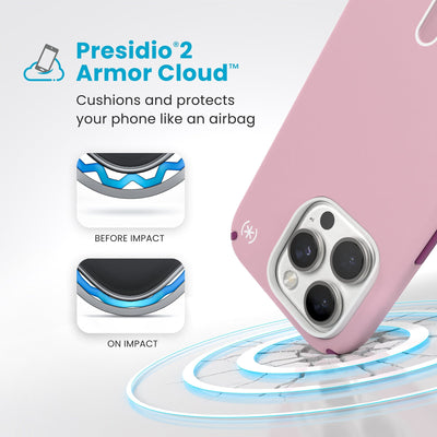 A corner of the case impacts the ground - a diagram shows interior cushion of phone before impact and on impact. Text reads Presidio2 Armor Cloud: Cushions and protects your phone like an airbag#color_wednesday-pink-boysenberry-purple