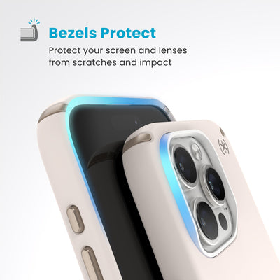 Raised bezels around phone screen and camera are highlighted. Text reads Bezels Protect: Protect your screen and lenses from scratches and impact#color_bleached-bone-heirloom-gold