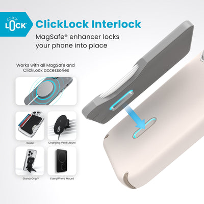 A ClickLock Wallet accessory hovers over the back of the phone case with interlock bolt extended and arrow pointing to bolt receptacle in case. Text reads ClickLock interlock: MagSafe enhancer locks your phone into place. Works with all MagSafe and ClickLock accessories#color_bleached-bone-heirloom-gold