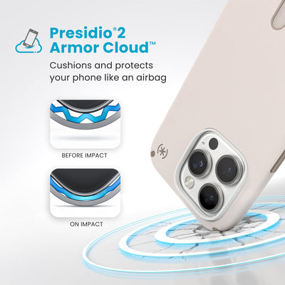 A corner of the case impacts the ground - a diagram shows interior cushion of phone before impact and on impact. Text reads Presidio2 Armor Cloud: Cushions and protects your phone like an airbag#color_bleached-bone-heirloom-gold