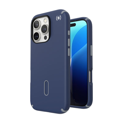 Three-quarter view of back of phone case with phone inside shown over top of front view of phone case with phone inside#color_coastal-blue-dust-grey