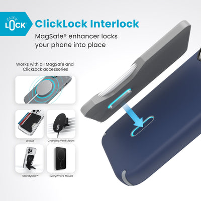 A ClickLock Wallet accessory hovers over the back of the phone case with interlock bolt extended and arrow pointing to bolt receptacle in case. Text reads ClickLock interlock: MagSafe enhancer locks your phone into place. Works with all MagSafe and ClickLock accessories#color_coastal-blue-dust-grey