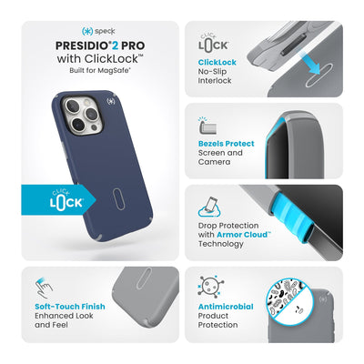 Various close-ups of case are shown. Text reads Speck Presidio2 Pro MagSafe with ClickLock: Built for MagSafe, soft-touch finish - enhanced look and feel, ClickLock no-slip interlock, bezels protect screen and camera, drop protection with Armor Cloud Technology, antimicrobial product protection#color_coastal-blue-dust-grey