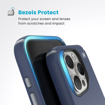 Raised bezels around phone screen and camera are highlighted. Text reads Bezels Protect: Protect your screen and lenses from scratches and impact#color_coastal-blue-dust-grey