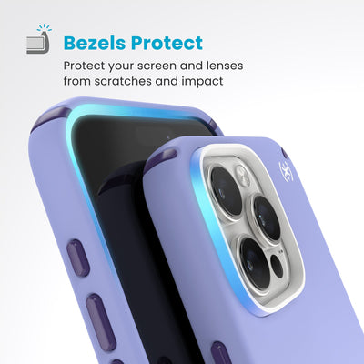 Raised bezels around phone screen and camera are highlighted. Text reads Bezels Protect: Protect your screen and lenses from scratches and impact#color_future-lavender-cassis-purple