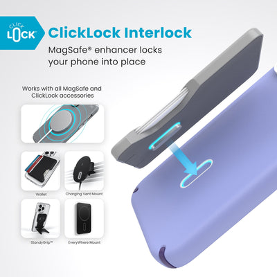 A ClickLock Wallet accessory hovers over the back of the phone case with interlock bolt extended and arrow pointing to bolt receptacle in case. Text reads ClickLock interlock: MagSafe enhancer locks your phone into place. Works with all MagSafe and ClickLock accessories#color_future-lavender-cassis-purple