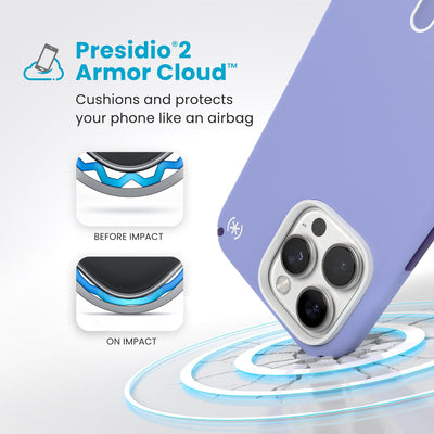 A corner of the case impacts the ground - a diagram shows interior cushion of phone before impact and on impact. Text reads Presidio2 Armor Cloud: Cushions and protects your phone like an airbag#color_future-lavender-cassis-purple