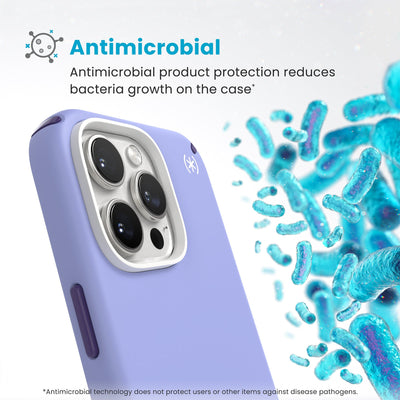 Bacteria is shown around phone case but not on it. Text reads Antimicrobial: Antimicrobial product protection reduces bacteria growth on the case (Antimicrobial technology does not protect users or other items against disease pathogens)#color_future-lavender-cassis-purple