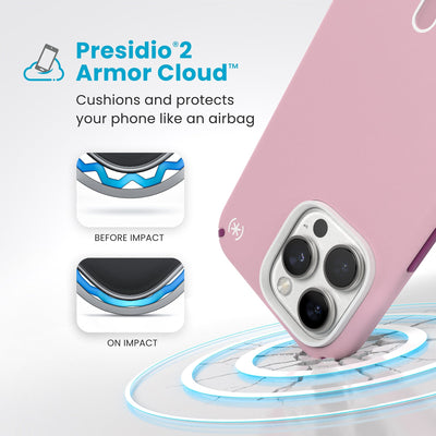 A corner of the case impacts the ground - a diagram shows interior cushion of phone before impact and on impact. Text reads Presidio2 Armor Cloud: Cushions and protects your phone like an airbag#color_wednesday-pink-boysenberry-purple