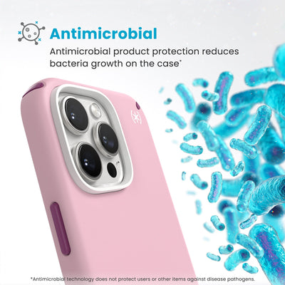 Bacteria is shown around phone case but not on it. Text reads Antimicrobial: Antimicrobial product protection reduces bacteria growth on the case (Antimicrobial technology does not protect users or other items against disease pathogens)#color_wednesday-pink-boysenberry-purple