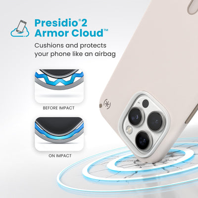 A corner of the case impacts the ground - a diagram shows interior cushion of phone before impact and on impact. Text reads Presidio2 Armor Cloud: Cushions and protects your phone like an airbag#color_bleached-bone-heirloom-gold