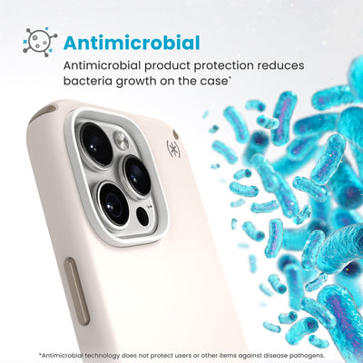 Bacteria is shown around phone case but not on it. Text reads Antimicrobial: Antimicrobial product protection reduces bacteria growth on the case (Antimicrobial technology does not protect users or other items against disease pathogens)#color_bleached-bone-heirloom-gold